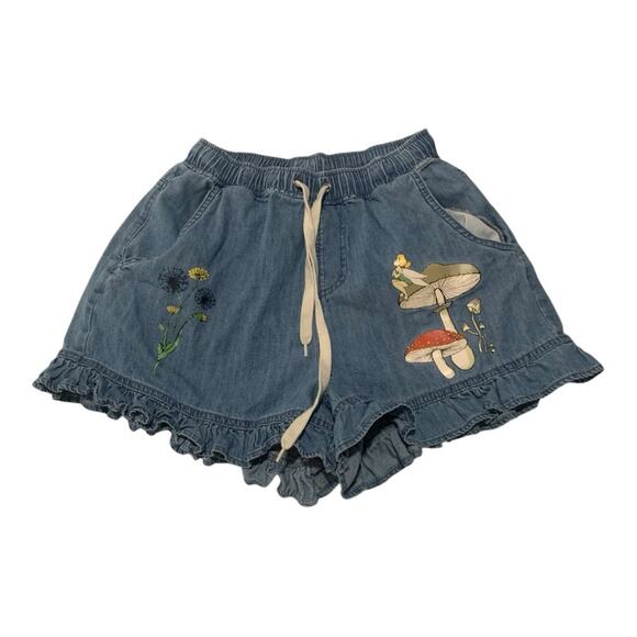 Disney Pants - Disney size medium High Waist Blue Denim Shorts Floral Mushroom tinkerbell pull